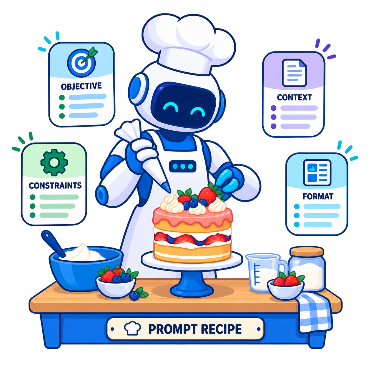Prompt design recipe combining objective, context, constraints, and format