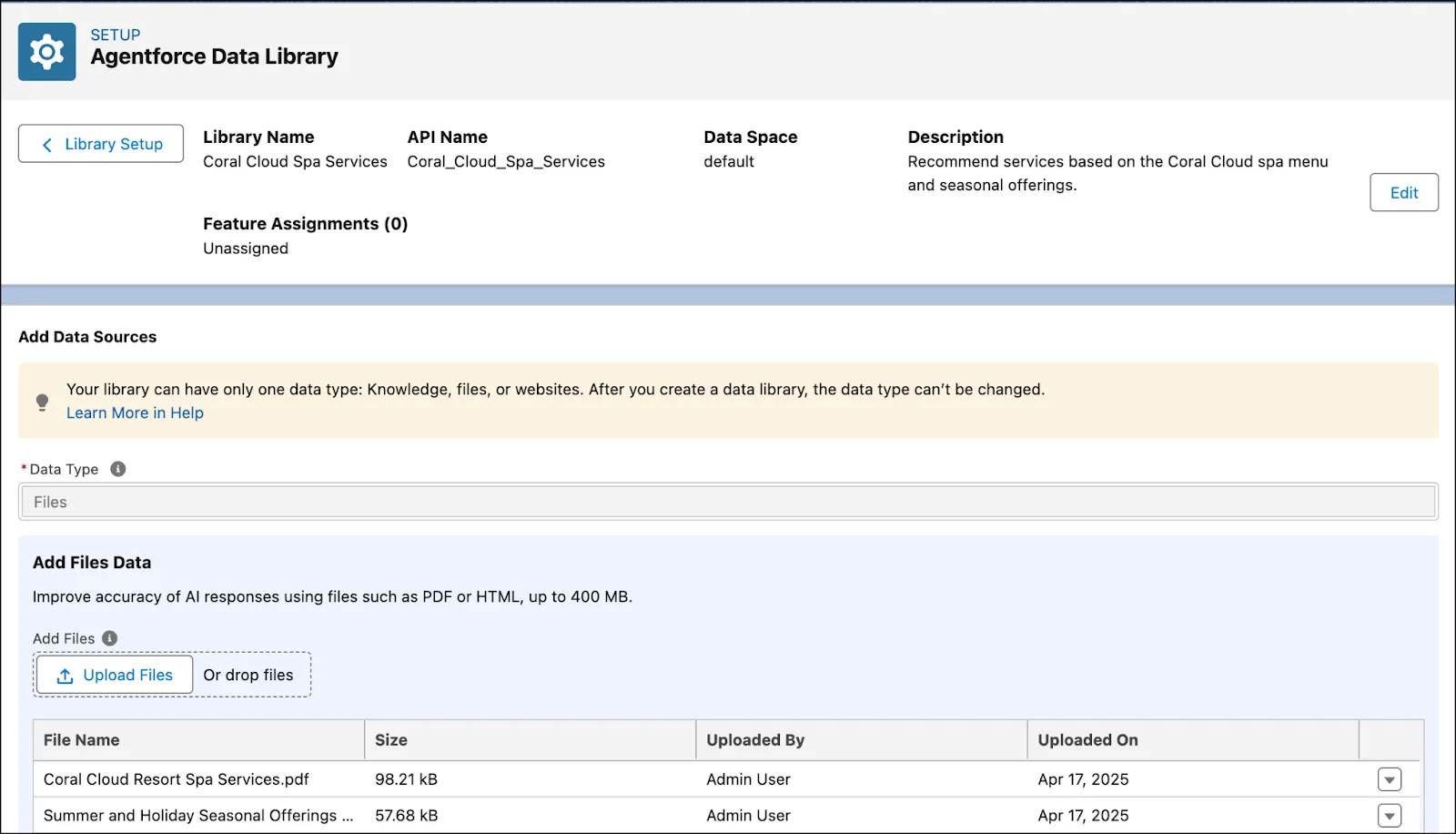 Agentforce Data Library populated with grounded source files