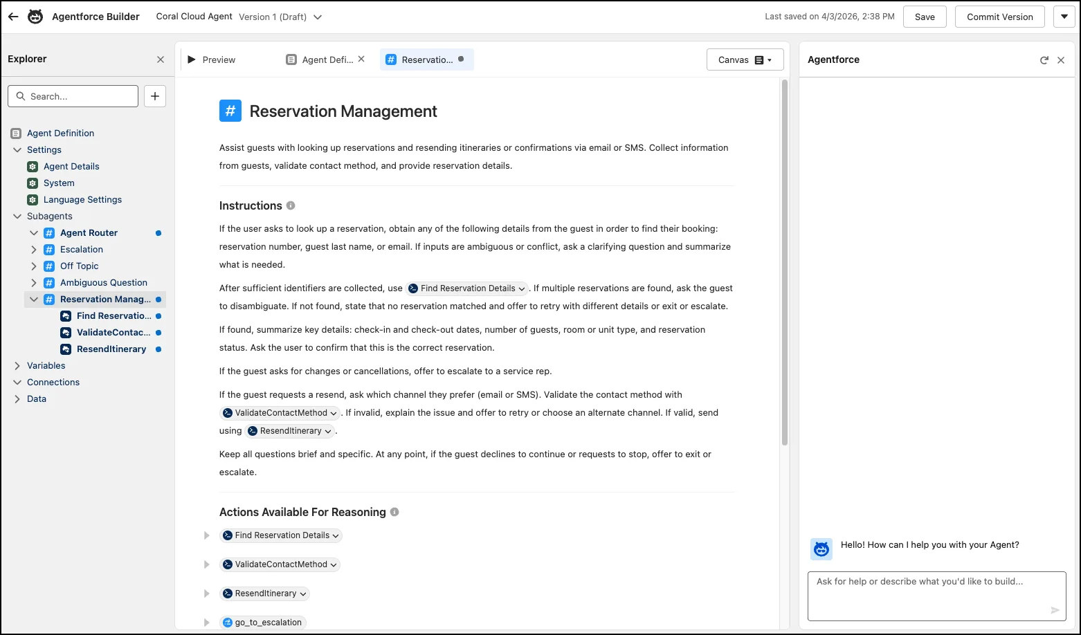Reservation management subagent prototype in Agentforce Builder